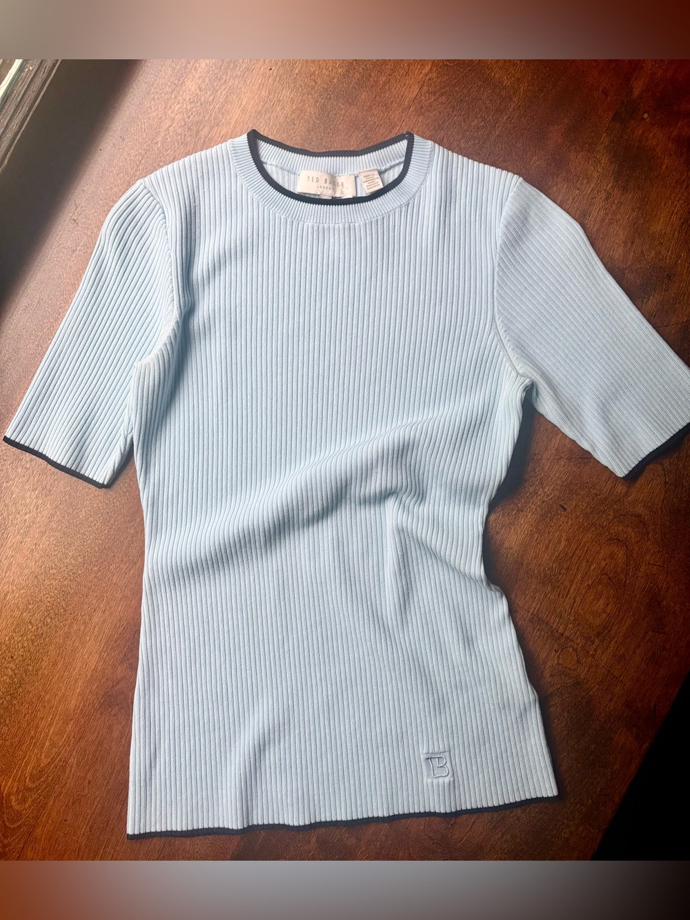 Ted Baker Light Blue Ribbed Short Sleeve Top with Navy Trim